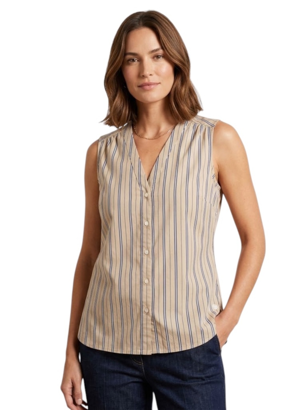 Tommy Hilfiger Sleeveless Tan Striped V-Neck Button-Front Blouse Top
